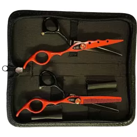 Ps-010 Beaut Pro 6 Inch Hair Cutting &thinning Shears Duo Set Red And Black Stainless Steel With Case