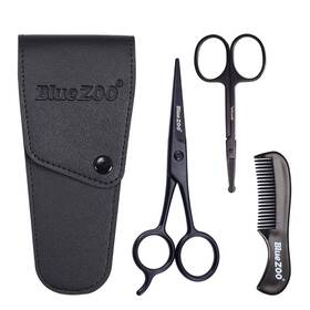 Bluezoo Bz-bsk-3pcs-b Beard Mustache Scissors And Comb Kit With Pu Storage Bag Rounded Saf