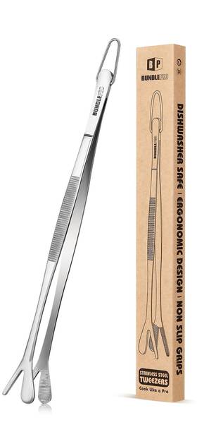 Bundlepro Fb-888-10-silver Fine Long Tweezers Tongs Professional Black 10-inch Stainless Steel For Kitc
