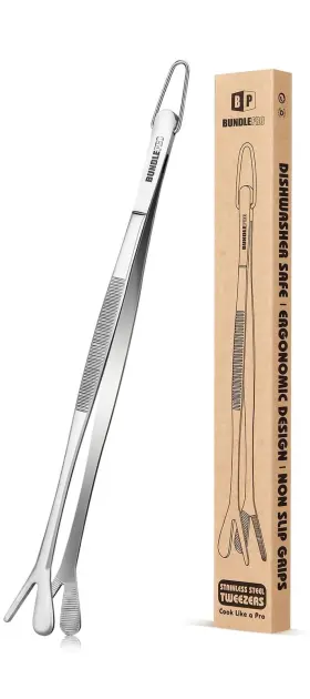 Fb-888-10-silver Bundlepro Fine Long Tweezers Tongs Professional Black 10-inch Stainless Steel For Kitc