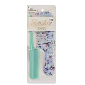 Conair 074108938206 Plastic Wide Tooth Hair Comb And Tail Blue Floral Teal 2 Ct