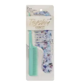 Conair 074108938206 Plastic Wide Tooth Hair Comb And Tail Blue Floral Teal 2 Ct
