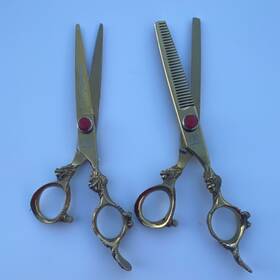 Dragon Riot Js-6.0 Hand Made Gold Salon Styling And Thinning Scissors Shears Set 6.0 In Leaf Handle