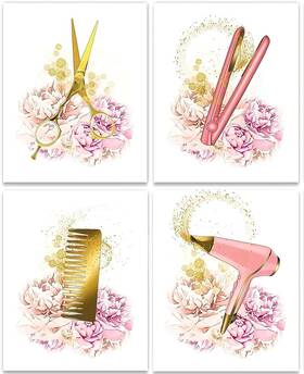 Huacanvasart 747302409505 Hair Salon Wall Art Fashion Haircut Tools With Pink Flower Painting Posters H