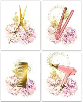 Huacanvasart 747302409505 Hair Salon Wall Art Fashion Haircut Tools With Pink Flower Painting Posters H