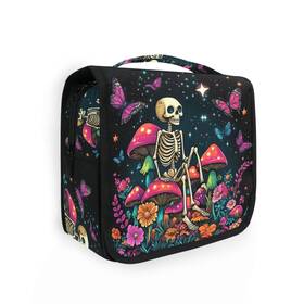 Mnsruu A04x19006 Hanging Toiletry Bag Skeleton Sitting On Mushrooms With Butterflies Tr