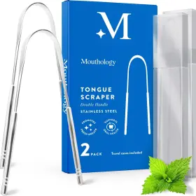Mouthology 850008192890 Tongue Scraper 2 Pack Reduce Bad Breath Travel Cases Included