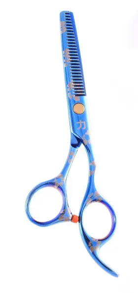 Shearsdirect 704660738470 30 Tooth Titanium Flowered Thinner With Fixed Finger Rest Blue