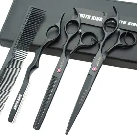 Smithking 711181665857 7.0 Inches Professional Hair Cutting Thinning Scissors Set With Razor Black