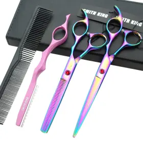 Smithking 788703929414 7.0 Inches Professional Hair Cutting Thinning Scissors Set With Razor Rainbow