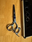 Hisaki Shark Fin Blue 5" Straight Hair Shears Used. Price: $220.00.