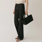 Black Cowhide Leather East West Tote Handbag Minimalist Korean Fashion New. Price: $159.00.